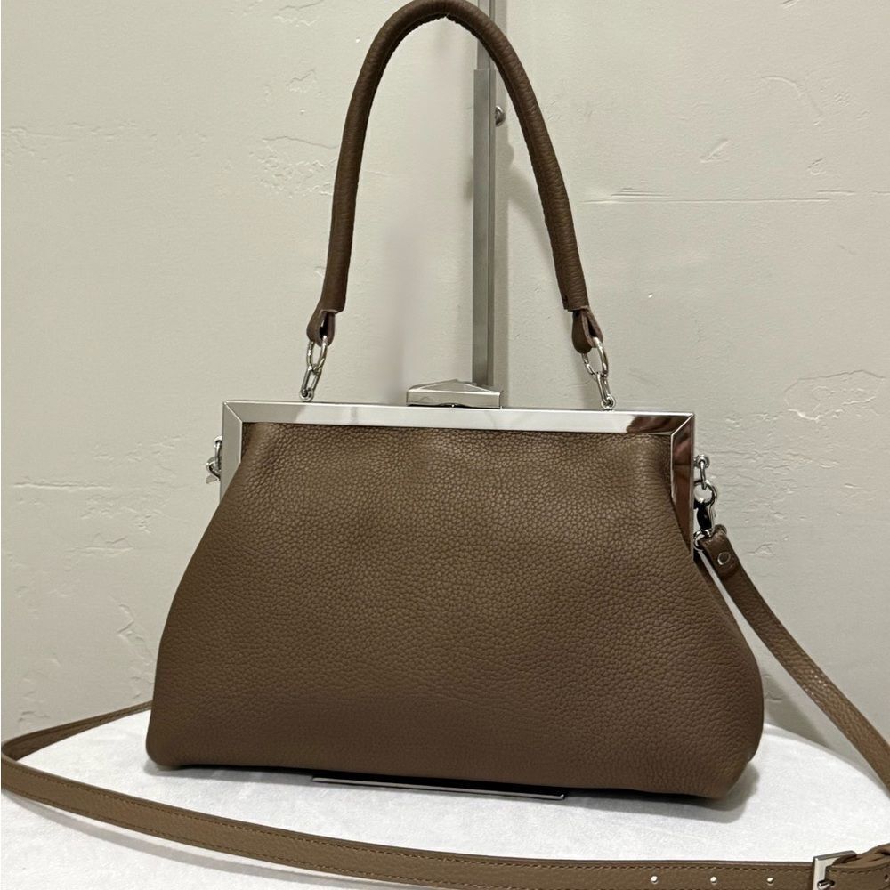 Khaki Handmade Togo Calf Leather Push Lock & Metal Frame Purse Includes 3 Straps